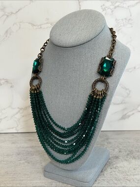 Vintage Unsigned Jan Michaels Emerald Green Multi-Strand Crystal Necklace